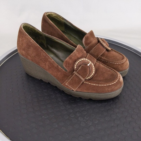 AEROSOLES Shoes - Aerosoles Wedge Loafers Womens 6.5 Brown Suede Buckle Platform Slip On Shoes